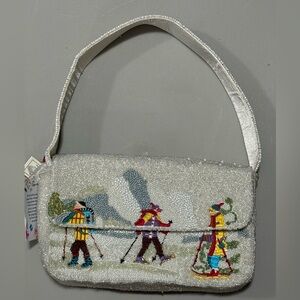Beaded Cross Country Skiing Themed Shoulder Bag Handcrafted in India - NWT